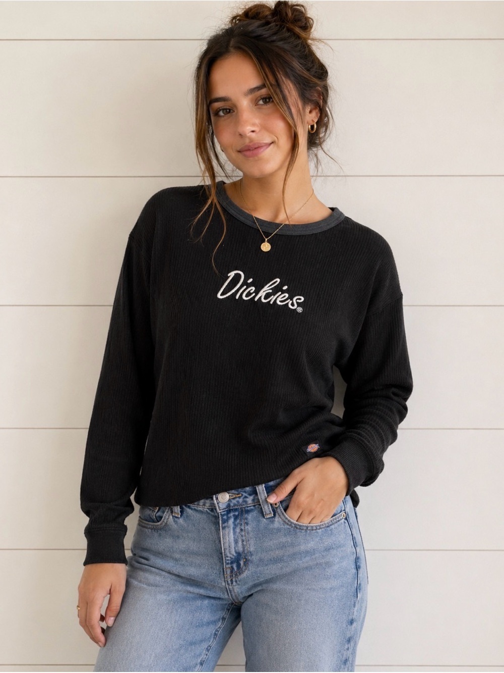 Dickies Ribbed Thermal Long Sleeve Black Logo Top Y2K Workwear Streetwear grunge
